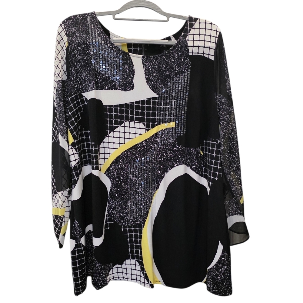 Alfani Black, White and Yellow Abstract Blouse - Picture 1 of 7
